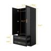 Black Wardrobe Armoire Cabinet with Mirror Hanging Rod and Storage Drawers