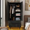 Matte Black Mid-Century Wardrobe Armoire with Louver Doors and LED Lights
