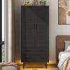 Matte Black Mid-Century Wardrobe Armoire with Louver Doors and LED Lights