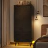 Matte Black Mid-Century Wardrobe Armoire with Louver Doors and LED Lights