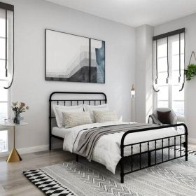 Full size Farmhouse Black Metal Bed Frame with Rounded Headboard Footboard