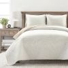 Full/Queen Lightweight Fern Leaf Reversible 3-PC White Beige Cotton Quilt Set