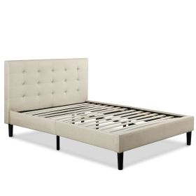 King Beige Upholstered Platform Bed Frame with Button Tufted Headboard
