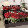 3pcs Rose Floral Bed Sheet, Microfiber Flower Bedding Sheet Set, Red Black Bedding Sheet Set with 1 Fitted Sheet and 2 Pillowcases
