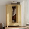 HOMCOM 3 Doors Wardrobe Closet with 2 Drawers, Bedroom Armoire with Lockable Drawer, Hanging Rod and Storage Shelves, Natural