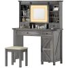 HOMCOM Vanity Desk Set with Mirror and Lights, Cushioned Stool, Storage Drawer, Cabinet, Shelves for Bedroom, Gray