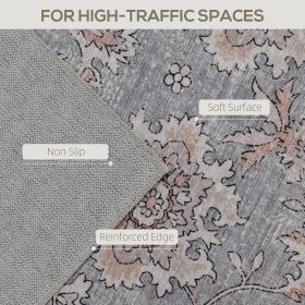 Machine Washable Area Rug 4x6, Non-Slip Traditional Flower Print Floor Carpet For Living Room, Bedroom, Grey And Brown