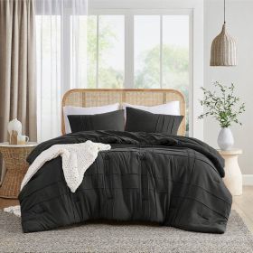 Full/Queen size Pre-Washed Pleated Microfiber Comforter Set in Black