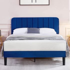 Queen size Blue Upholstered Platform Bed Frame with Headboard