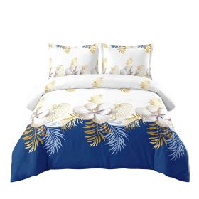 3 Piece Duvet Cover Set, US Designer Navy Blue And Gold Tropical Floral Botanical Print High GSM Heavyweight Comforter Cover With Zipper & Corner Ties (Option: CAL KING)