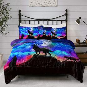 Galaxy Comforter Set Men 3D Wolf Bed Comforter Set 4 Piece Wolves Howling Bedding For Boys Retro Oil Painting Design Purple Blue And Black Bedding Set (Option: Queen-Black)