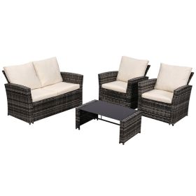 KROFEM 4-Piece Patio Furniture Set, Wicker Outdoor Rattan Sectional Sofa With Cushions And Glass Table, All-Weather Outdoor Conversation Set For Garde (Option: Gray Beige)