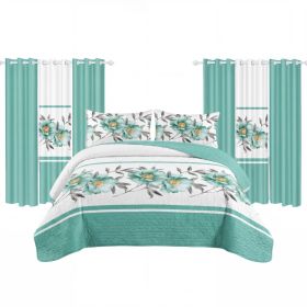 9 Piece Room In A Bag Quilt And Curtain Set, US Designer Teal Floral Botanical Print Heavyweight Bedspread With 6 Customizable Window Panels, Pet-Frie (Option: CAL KING)