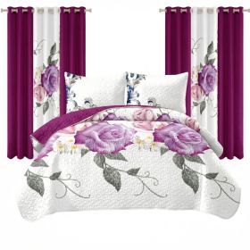 9 Piece Room In A Bag Quilt And Curtain Set, US Designer Deep Magenta Purple Rose Floral Print Heavyweight Bedspread With 6 Customizable Window Panels (Option: QUEEN)
