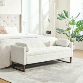 63.98"Wide Upholstered Flip-top Storage Accent Bed Bench, Chenille Footrest Ottoman with Armrests&Backrest&2 Bolster Pillows Metal Legs for Living Roo (Option: Ivory)