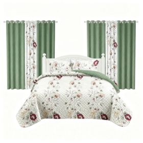 9 Piece Room In A Bag Quilt And Curtain Set, US Designer Sage Green Botanical Floral Print Heavyweight Bedspread With 6 Customizable Window Panels, Pe (Option: KING)