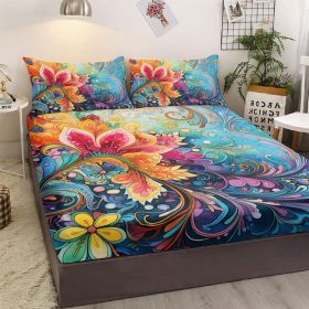 Bedding Fitted Sheet with Deep Pocket Mattress Cover Sheets,Colorful Flowers Printed Fabric Bed Sheets (size: King)
