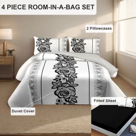 4 Piece Soft All-Season Washed Microfiber Cover Set , Queen/King/Calking Bedding Set With Zipper Closure, Sheet, Pillowcases,Print, Moisture-Wicking (Color: black/white boho flower, size: CAL KING)