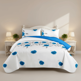 3-Piece Blue Floral Quilted Bedspread Set, Vivid Azure Bloom & Grey Vine Reversible Coverlet with 2 Shams, Lightweight All-Season Blanket (Color: Blue Floral, size: King)