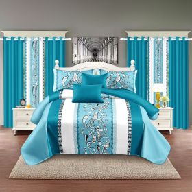 9-Piece Turquoise Paisley Bedding & Curtain Set (Queen/King/Cal King) - Quilted Microfiber Bedspread + Sheer Curtains (Color: blue/white stamen, size: Queen)