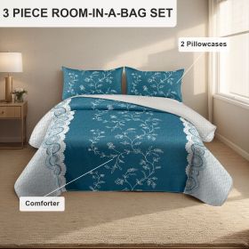 3-Piece Teal Lace Floral Bedding Set (Queen/King/Cal King) - Quilted Microfiber Quilt + Pillow Shams (Color: blue flower, size: King)