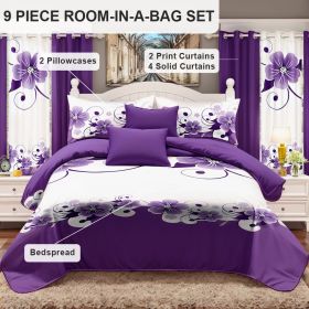 9-Piece Purple Floral Bedding & Curtain Set (Queen/King/Cal King) - Quilted Microfiber Bedspread + Sheer Curtains (Color: Purple Floral, size: CAL KING)