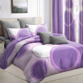 9-Piece Purple Geometric Circle Bedding & Curtain Set (Queen/King/Cal King) - Quilted Microfiber Bedspread + Sheer Curtains (Color: Purple Dot, size: CAL KING)