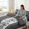 3-Piece Charcoal Grey & White Botanical Quilt Set, Modern Leaf Vine Striped Bedspread with 2 Shams, Lightweight Reversible Coverlet