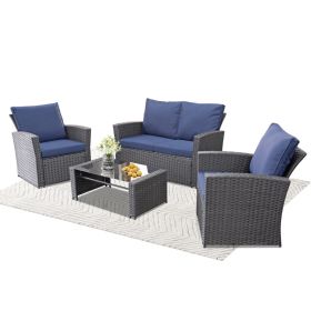 KROFEM 4-Piece Patio Furniture Set, Wicker Outdoor Rattan Sectional Sofa With Cushions And Glass Table, All-Weather Outdoor Conversation Set For Garde (Option: BlackBlue)